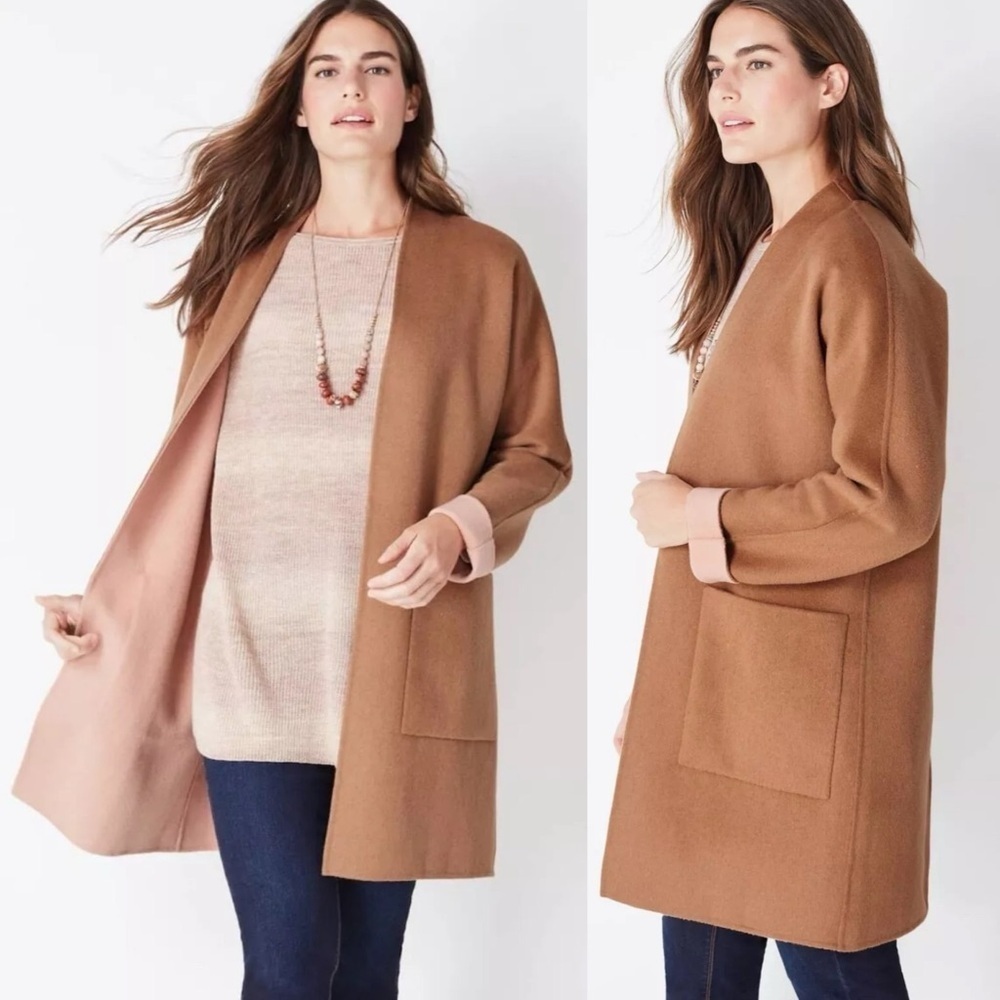 J.Jill Shire Reversible Double Faced Coat tan and soft pink size XS cozy wool